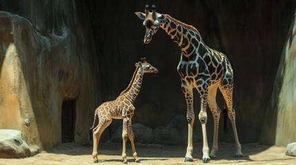 A baby giraffe learning to walk, its legs wobbly but determined, with its mother watching closely