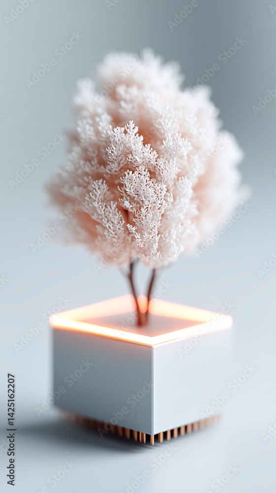 Poster an artistic abstraction of a tree growing from a microchip, symbolizing the evolution of nature and 