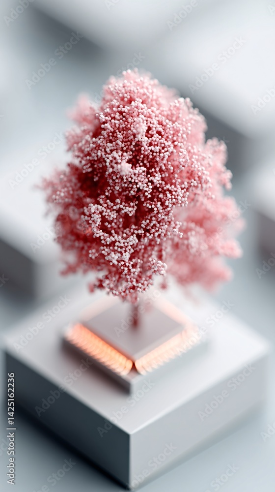 Poster an artistic abstraction of a tree growing from a microchip, symbolizing the evolution of nature and 