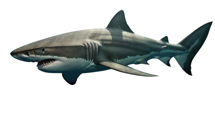 Fototapeta premium Realistic great white shark swimming underwater with sunlight rays above, showcasing powerful jaws and sharp teeth isolated on a transparent background, png, cutout