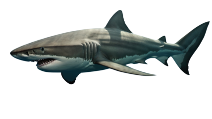 Realistic great white shark swimming underwater with sunlight rays above, showcasing powerful jaws and sharp teeth isolated on a transparent background, png, cutout