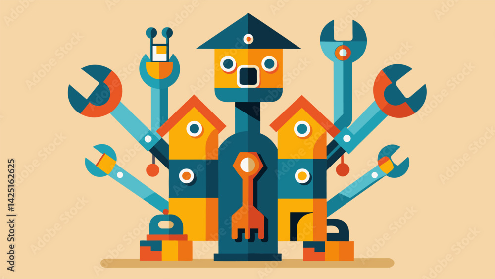 Poster a collection of discarded wrenches and tools transformed into a striking and abstract sculpture serv