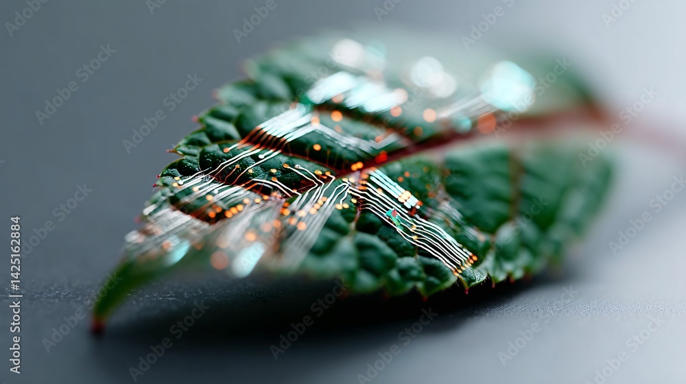 Poster a close-up of a cybernetic leaf with micro-solar panels, capturing sunlight and converting it into d
