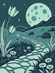 Moonlit Garden Path Illustration: Tranquil Night Scene with Stone Pathway, Flowers, and Mountains in a Flat Vector Style