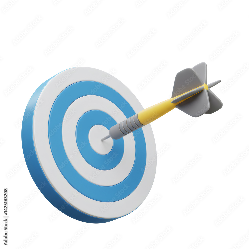 Poster 3d rendering of a dart hitting the center of a target against a transparent background