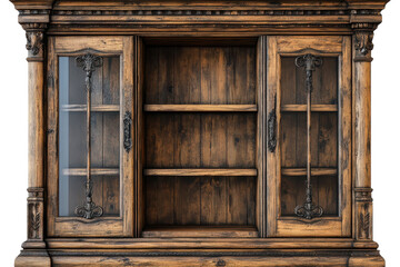 Antique Wooden Display Cabinet with Glass Doors Rich Dark Brown Finish Intricate Carvings on transparent background