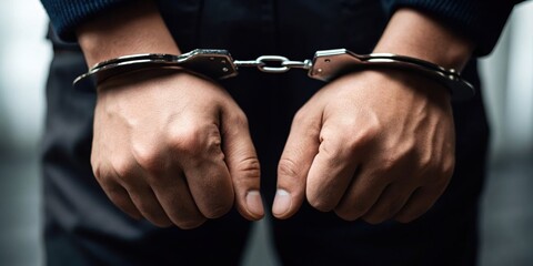 A person’s hands in handcuffs, symbolizing restraint or arrest, with a focus on the texture of the skin and the metallic cuffs.
