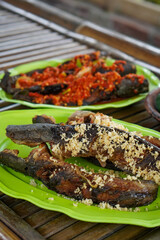 Indonesian catfish dish, captured on April 22, 2025. Crispy fried catfish served with steamed rice, spicy sambal, and fresh vegetables, offering bold and traditional flavors