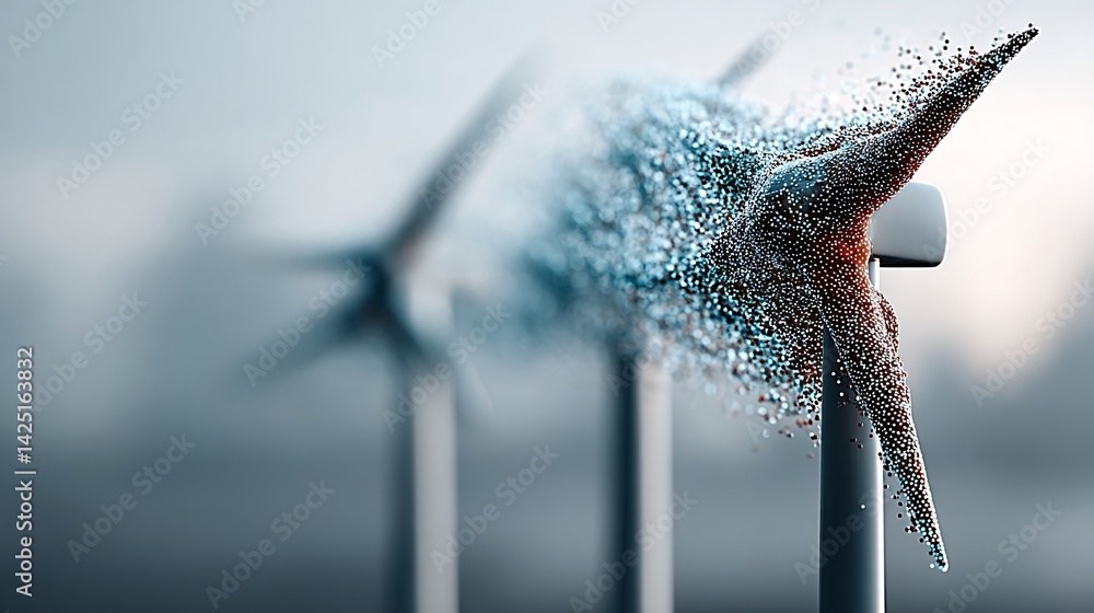 Poster an abstract visualization of wind turbines generating not just energy, but digital data streams flow