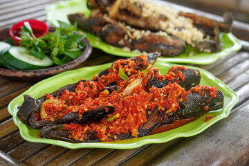 Indonesian catfish dish, captured on April 22, 2025. Crispy fried catfish served with steamed rice, spicy sambal, and fresh vegetables, offering bold and traditional flavors