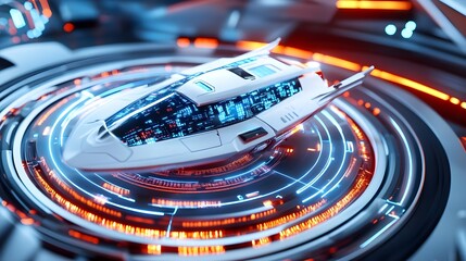 Futuristic Spaceship on Tech Platform - Cyberpunk aesthetics