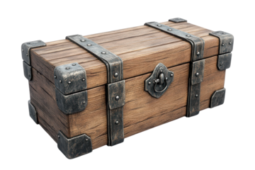A sturdy antique wooden chest with ornate metal accents perfect for game assets or historical on transparent background