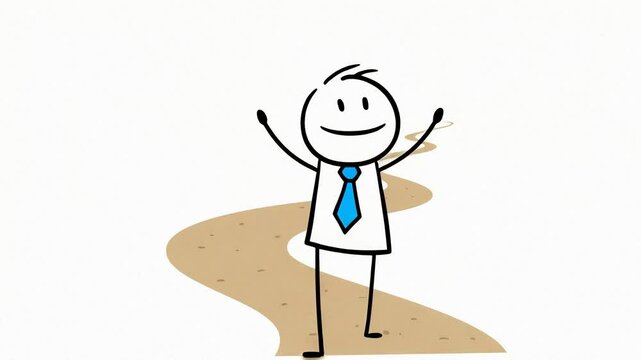 Joyful Stick Figure on Winding Sandy Path, Arms Raised in Celebration