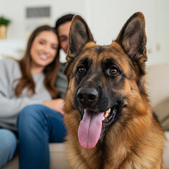 A Pastor Aleman German Shepherd dog with its tongue out sits in the foreground, while a smiling couple sits on a couch in the blurred background.