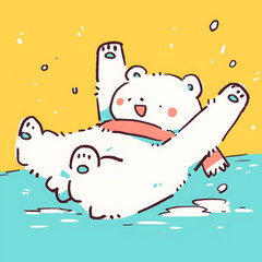Obraz premium Cute polar bear sliding on ice with joyful expression, wearing scarf, against bright background