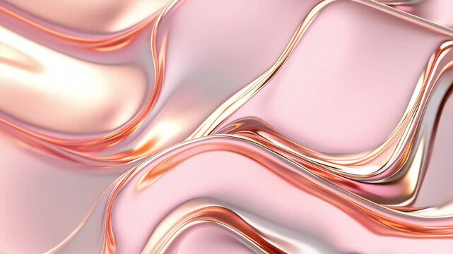 Elegant abstract background with flowing rose gold metallic textures on soft pink surface. Ideal for luxury, design, beauty, and branding projects. Glossy metallic rose gold fluid waves motion

