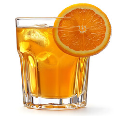Refreshing orange juice with ice cubes and slice isolated on white background