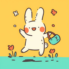 Obraz premium Cute cartoon rabbit with bag, joyful expression, colorful background