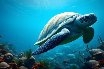 Obraz premium Sea Turtle Gliding Through Coral Reef's Azure Embrace