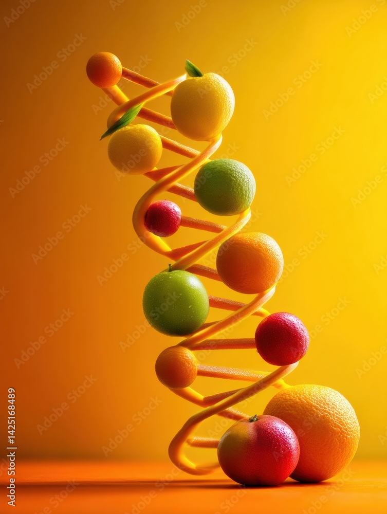 Poster vivid spiral of bright fruits resembling dna structure against a colorful backdrop