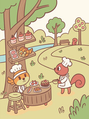 Cute Animal Bakers in a Park: Cartoon Illustration of Squirrel & Fish Chefs Selling Baked Goods, Picnic Scene, Pastel Colors