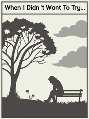 Silhouette of a Sad Person Sitting on a Bench Under a Tree, Illustration of Depression and Overcoming Challenges, Black and White Artwork