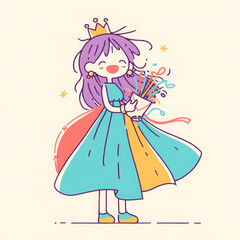Delighted female character in colorful dress holding confetti