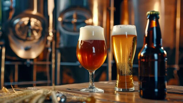 Close-up of two types of craft beer served in glasses with foamy heads, set in an authentic brewery environment with metal tanks. Craft beer glasses in brewery setting

