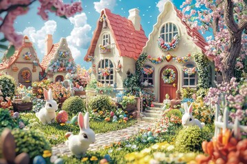 Fototapeta premium A picturesque bunny village is filled with colorful Easter banners and wreaths on every door. Bunnies are busy preparing for an Easter egg hunt, hiding eggs in gardens
