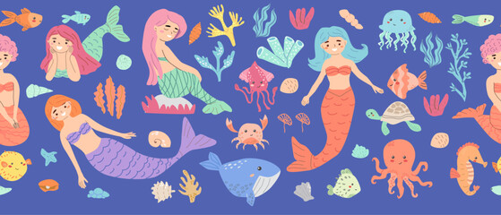Colorful mermaid and ocean creatures on blue background.