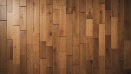 Fototapeta premium Parquet-style wooden floor with vertical rectangular planks in varying shades of warm brown. Shows a classic and textured surface.