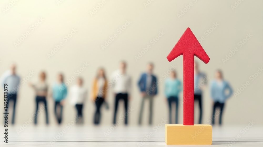 Poster a blurred background features a group of people, while a prominent red arrow points upward in the fo