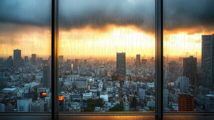 Rainy Cityscape at Sunset: A View Through Glass