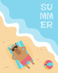 Summer poster with funny sunbathing capybara