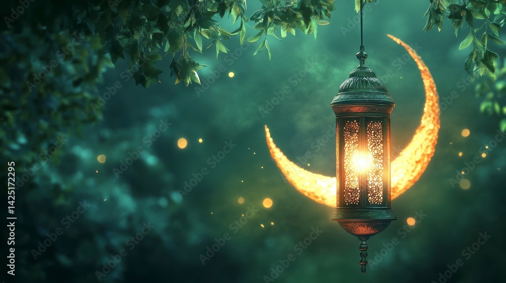 Poster glowing lantern hangs from tree branch beside crescent moon in mystical forest.