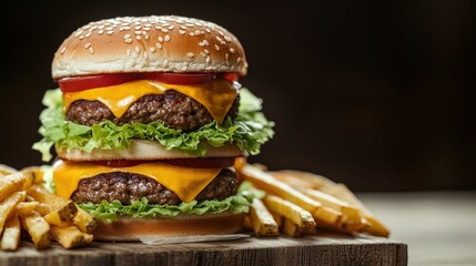 A delicious, towering cheeseburger with layers of lettuce, tomato, and two beef patties, served with crispy French fries on the side.
