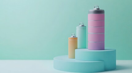 Colorful Batteries on Stacked Pedestals Against Pastel Background
