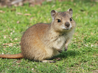 Naklejka premium Quokka Sitting on Green Grass in Daylight – 햇살 아래 초록 잔디 위에 앉은 쿼카