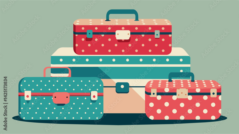 Poster a collection of vintage train cases complete with retro polkadot lining and mirrored lids.. vector i