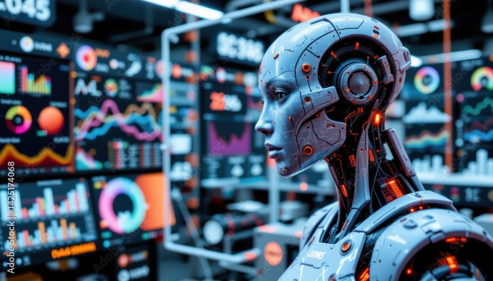 Poster futuristic robot amidst data analytics displays.