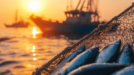 Fishing Net Full of Fish with Fishing Boats and Sunset