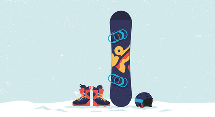 Snowboard Gear Displayed on Snowy Background  