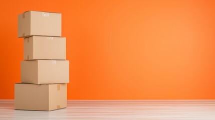 Stack of Four Cardboard Boxes on a Bright Orange Background