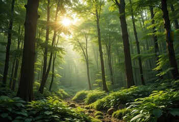 Fototapeta premium Beautiful forest with sunlight filtering through trees at dawn
