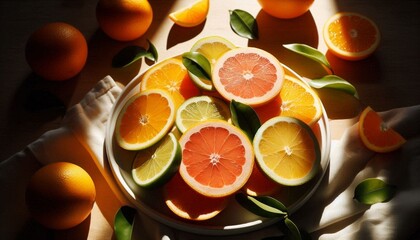Sunlit citrus fruit slice on white plate. Vitamin citrus.