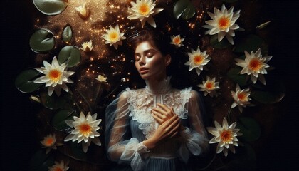 Young woman floating in dark water with golden lilies and haunting scene.