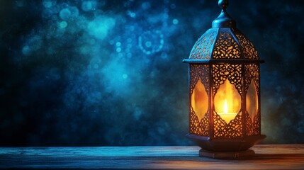 Ornate metal lantern with candlelight glows on dark wooden surface against a bokeh background.