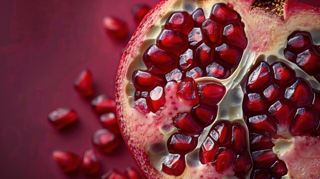 Halved Pomegranate with Seeds on Red Background