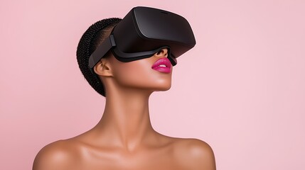Young Woman with Short Hair Wearing Virtual Reality Headset Against Pink Background