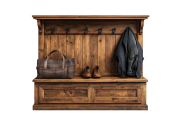 Rustic wooden hall tree with a leather bag jacket and shoes dark background warm tones vintage on transparent background